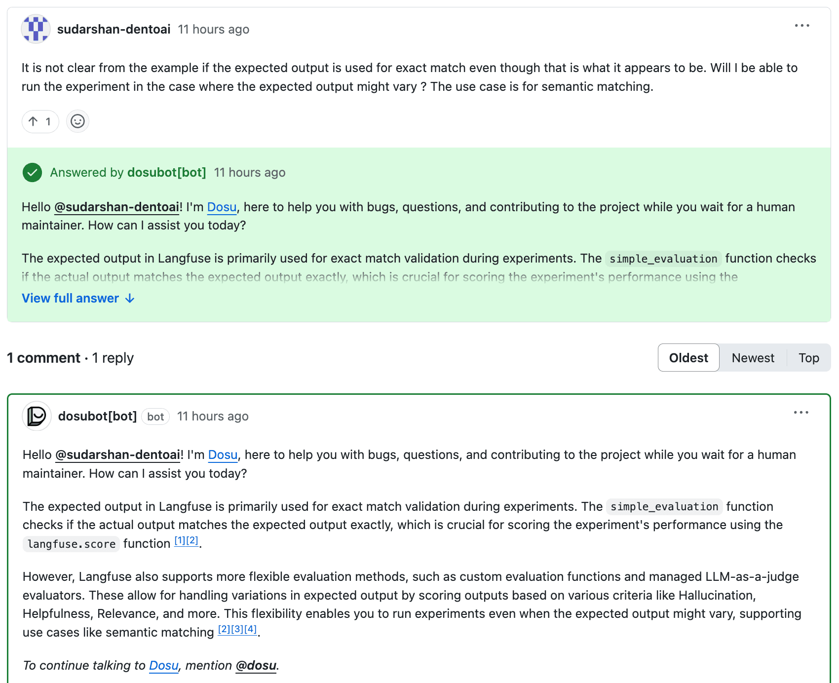 Example Dosu resolving a thread in GitHub
Discussions